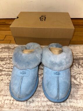 UGG Coquette Light Blue Suede Shearling Slip-On Slippers